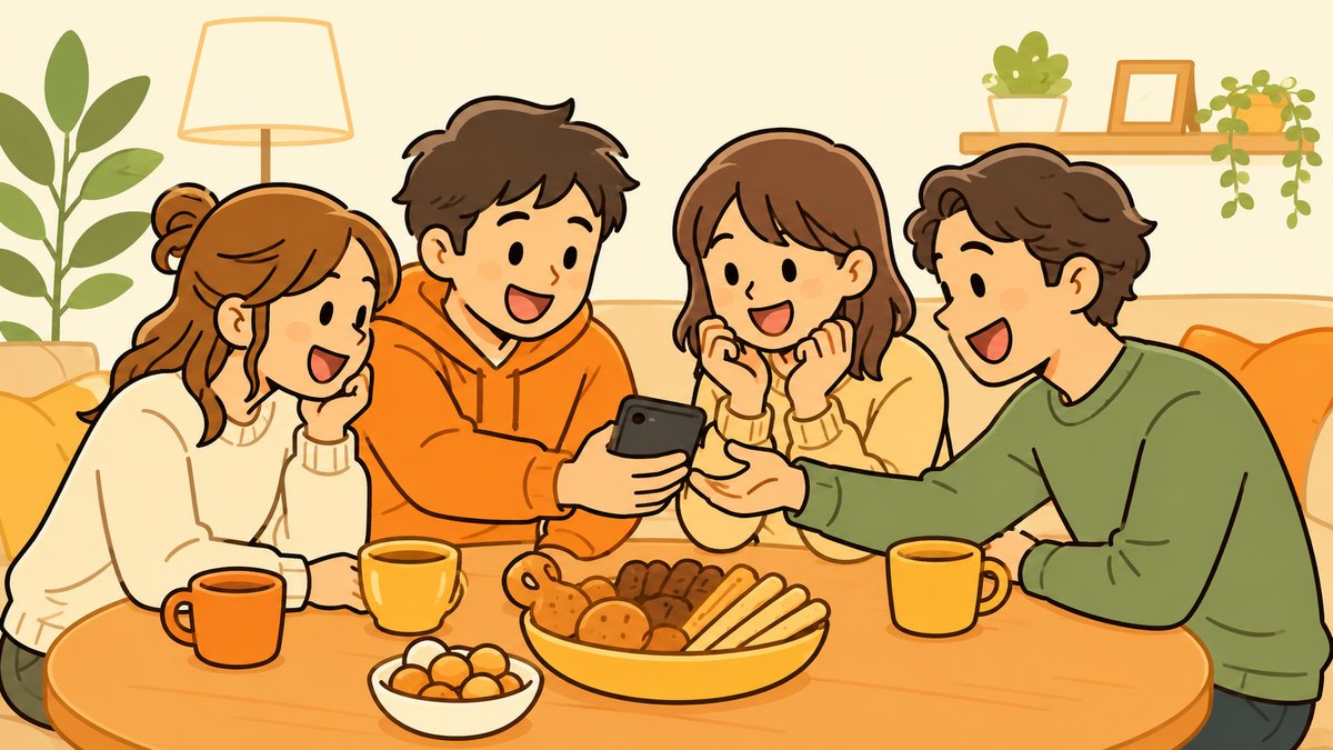 テーブルを囲んだ4人が1台のスマートフォンを覗き込み、笑顔で盛り上がっている様子。1人がスマホを隣の人へ手渡している。